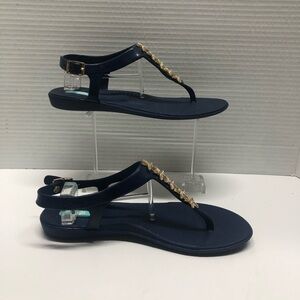 Oka-B Starfish Embellished T-Strap Flat Sandals Gold Rhinestone Blue